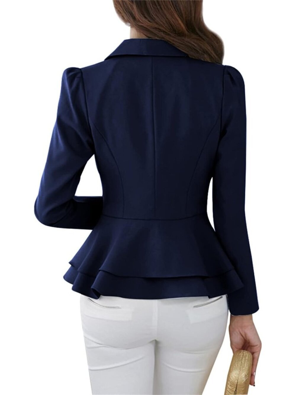 Women's Blue Slim Button Down Blazer Solid Color Office Cardigan Long Sleeve - Picture 4 of 6